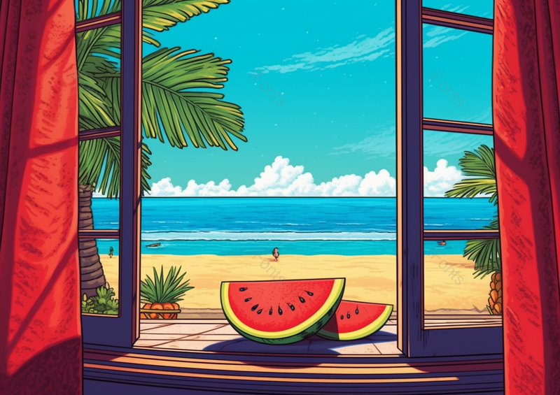 海边别墅海景前的西瓜,插画/手绘图,插画/手绘图库,插画/手绘图下载,插画/手绘